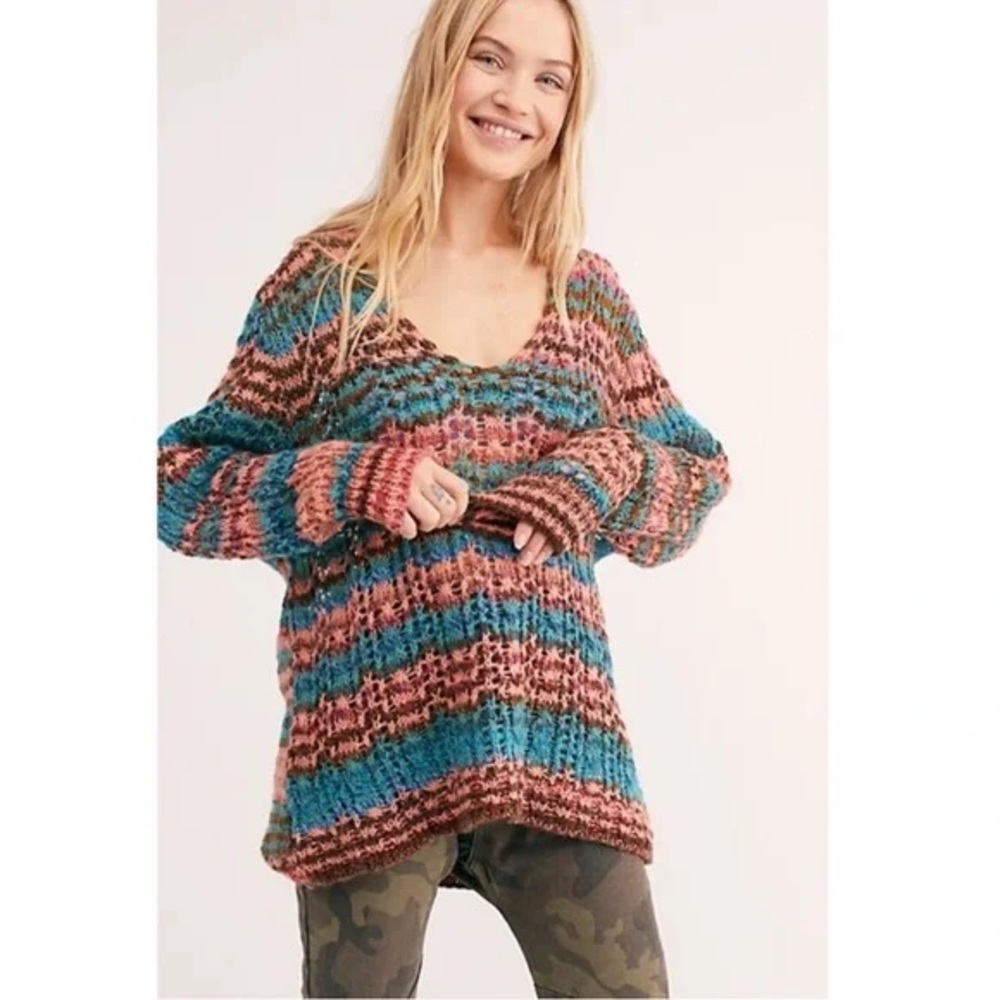 Free People Spell On You Multicolor Wool Blend Crochet Knit Pullover Sweater M